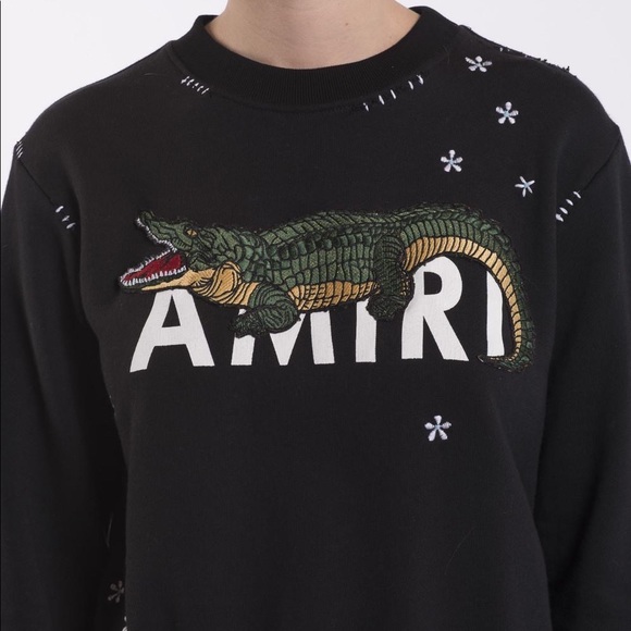 $975 AUTHENTIC AMIRI LOGO ALLIGATOR DISTRESSED SWEATER SWEATSHIRT BLACK SIZE M - Picture 11 of 16